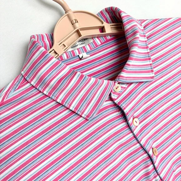 Peter Millar Summer Comfort Golf Polo Men Sz L Blue White Pink Stripe Preppy EUC - Picture 5 of 15